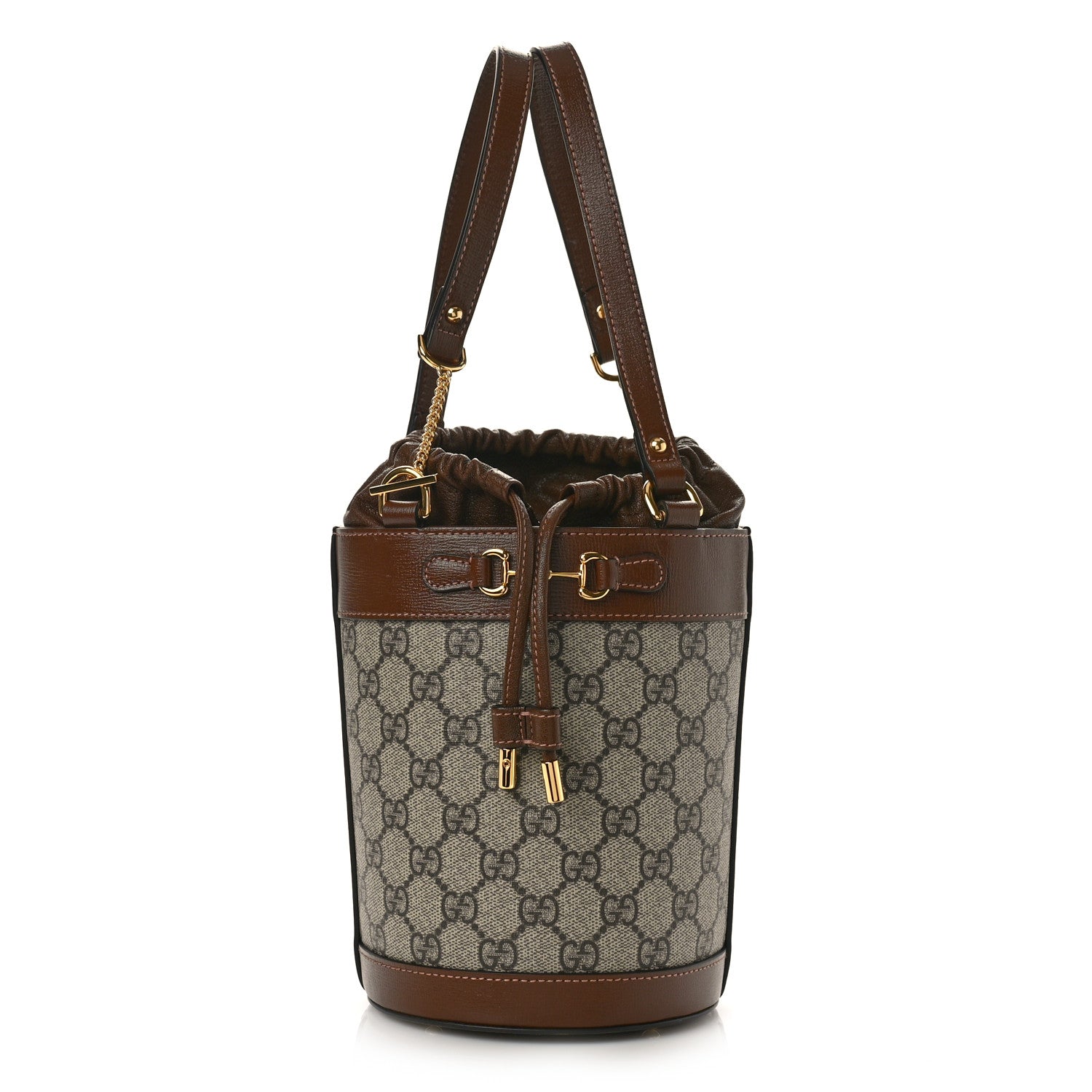 Gucci GG Supreme Monogram Azalea Sakai Calfskin Small Horsebit 1955 Drawstring Bucket Bag Beige Ebony Brown Sugar 1 of 9
