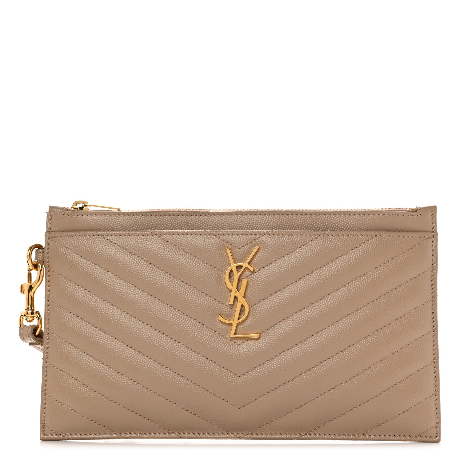 Saint Laurent Grain De Poudre Chevron Monogram Large Bill Pouch Dark Beige 1 of 14