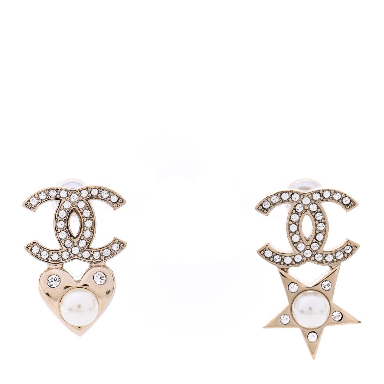 Chanel Crystal Pearl Charming Winter CC Star Heart Earrings Gold 1 of 4