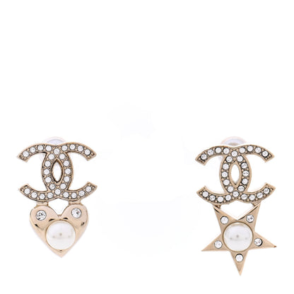 Chanel Crystal Pearl Charming Winter CC Star Heart Earrings Gold 1 of 4