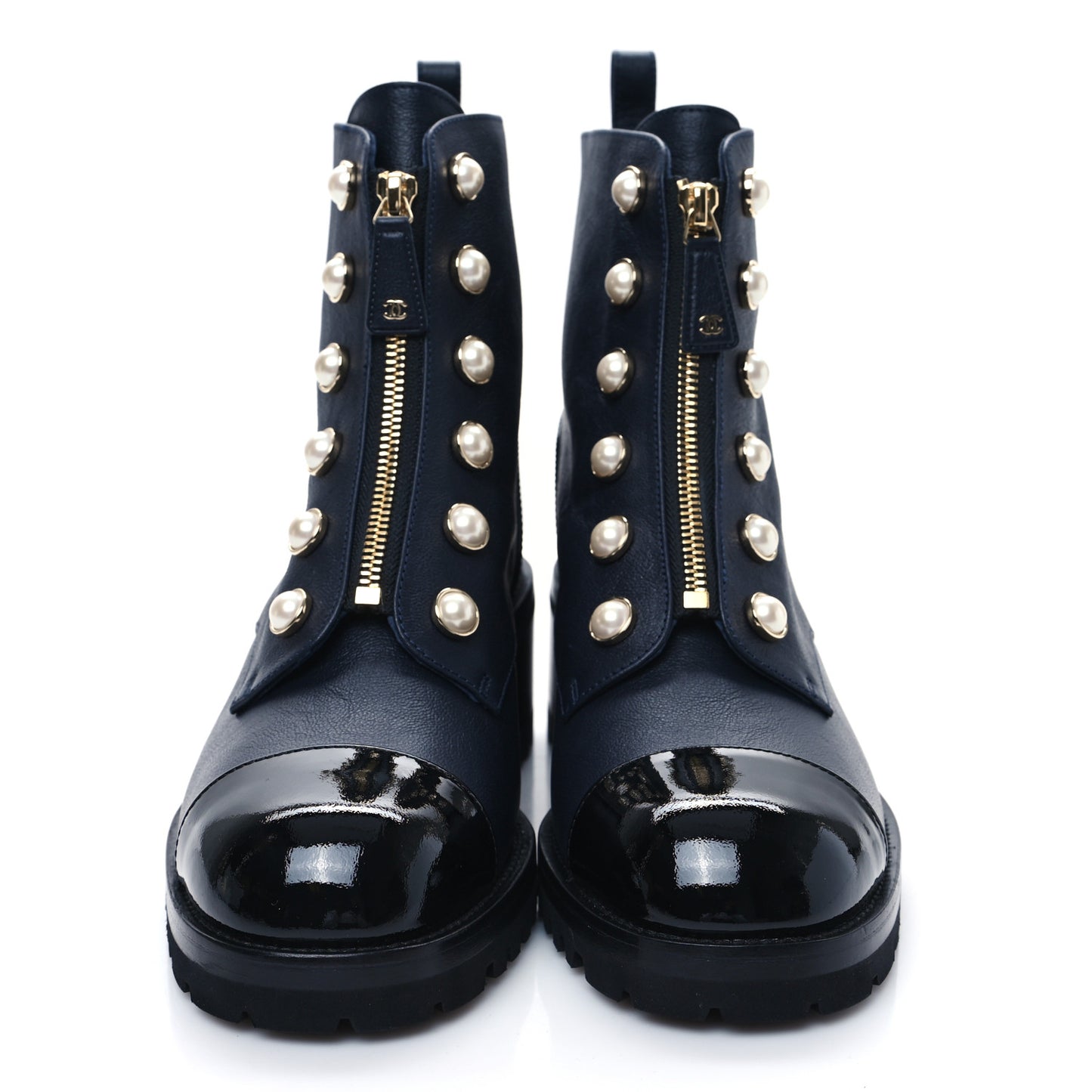 Grained Calfskin Patent Pearl Combat Ankle Boots 41 Dark Navy Blue Black