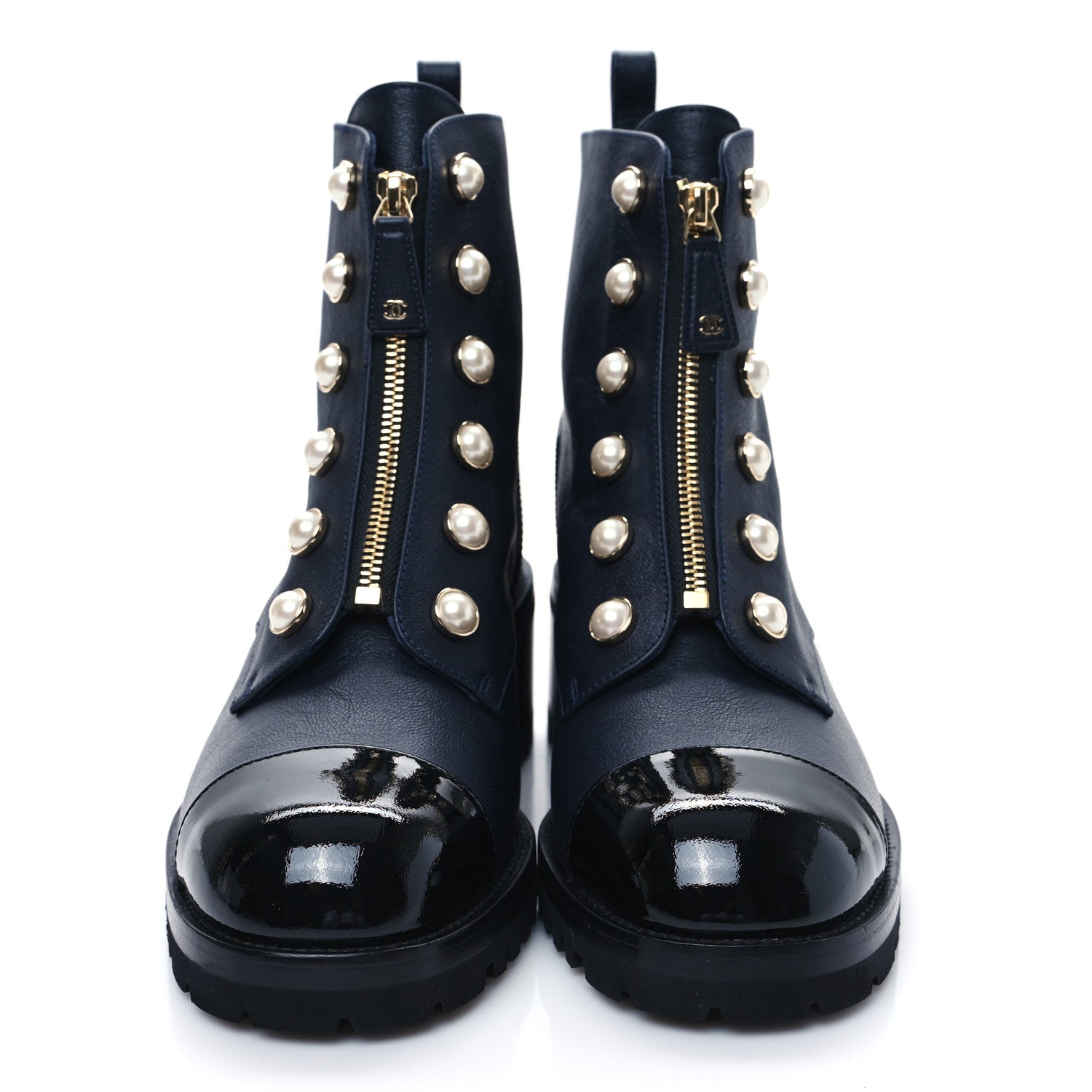 Chanel Grained Calfskin Patent Pearl Combat Ankle Boots 41 Dark Navy Blue Black 2 of 10