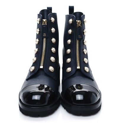 Chanel Grained Calfskin Patent Pearl Combat Ankle Boots 41 Dark Navy Blue Black 2 of 10
