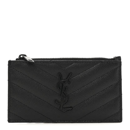 Saint Laurent Grain De Poudre Matelasse Chevron Monochrome Fragments Zippered Card Case Black 1 of 8
