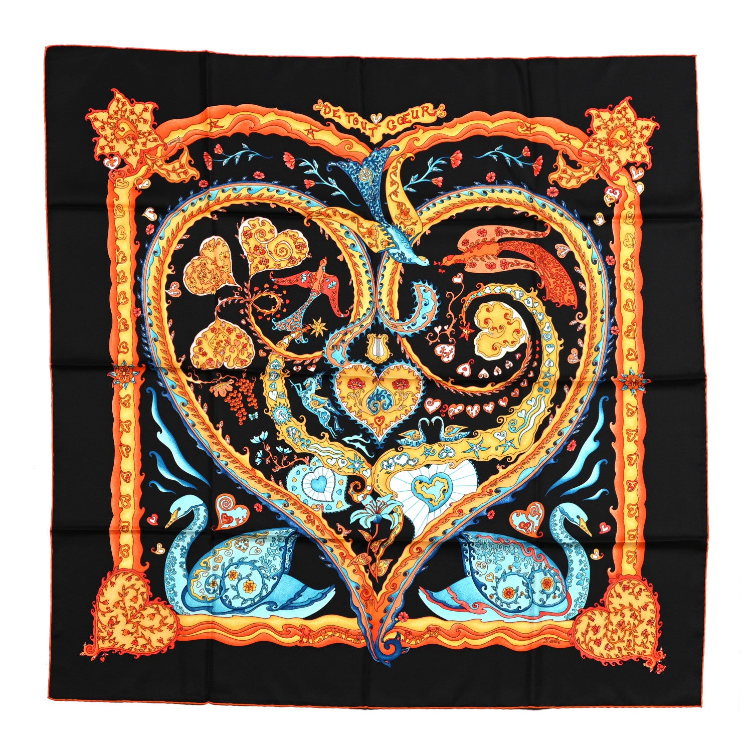 Hermes Silk De Tout Coeur Scarf 90 Black Orange Vif Turquoise 1 of 6