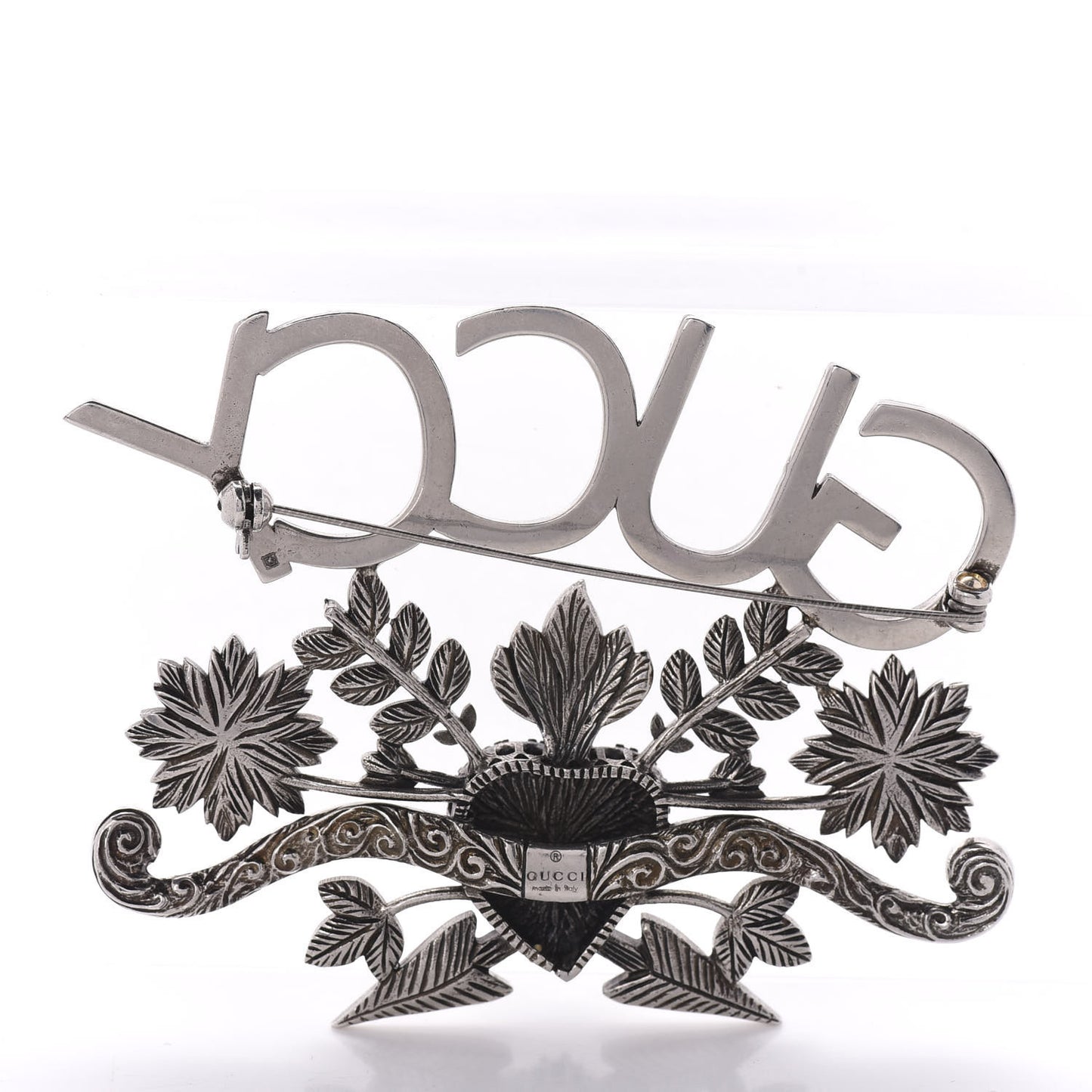 Metal Crystal Guccy Brooch Aged Silver