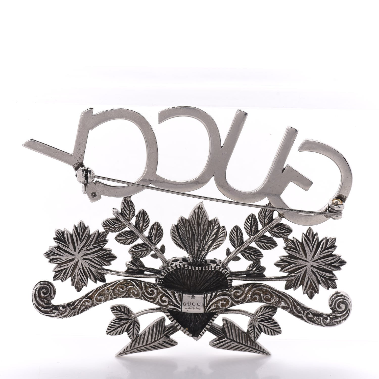 Gucci Metal Crystal Guccy Brooch Aged Silver 3 of 5