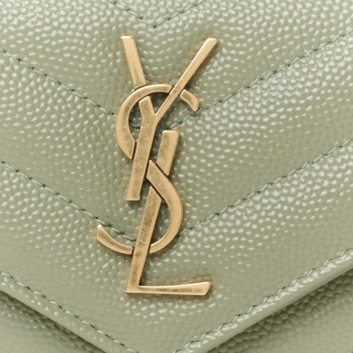 Saint Laurent Grain De Poudre Matelasse Chevron Monogram Compact Wallet Light Sage 7 of 7