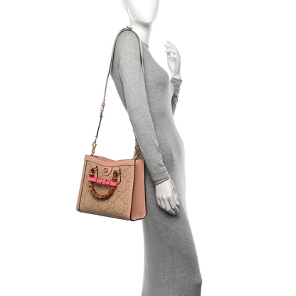 Gucci Raffia Textured Dollar Calfskin GG Monogram Small Diana Tote Bag Natural Wild Rose Fluorescent Fuchsia 2 of 11