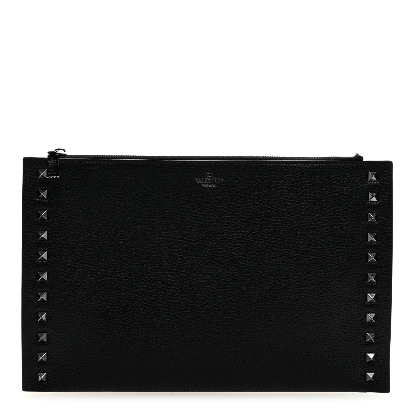 Pebbled Calfskin Monochrome Large Rockstud Zip Pouch Black