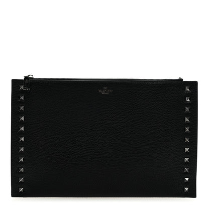 Valentino Garavani Pebbled Calfskin Monochrome Large Rockstud Zip Pouch Black 1 of 7
