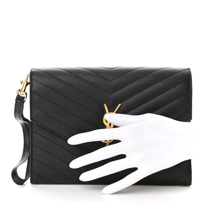 Saint Laurent Grain De Poudre Matelasse Chevron Monogram Envelope Clutch Black 2 of 11
