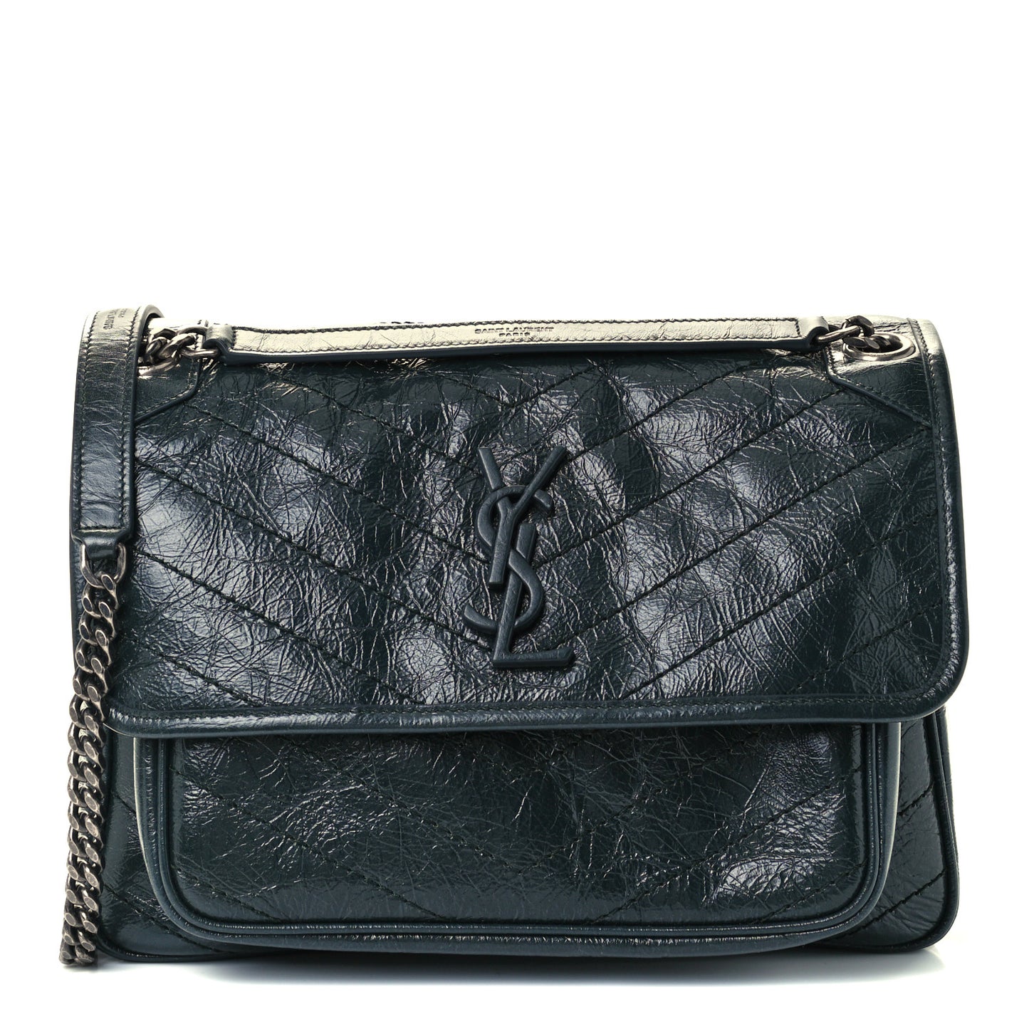 Crinkled Calfskin Matelasse Monogram Baby Niki Chain Satchel Dark Green