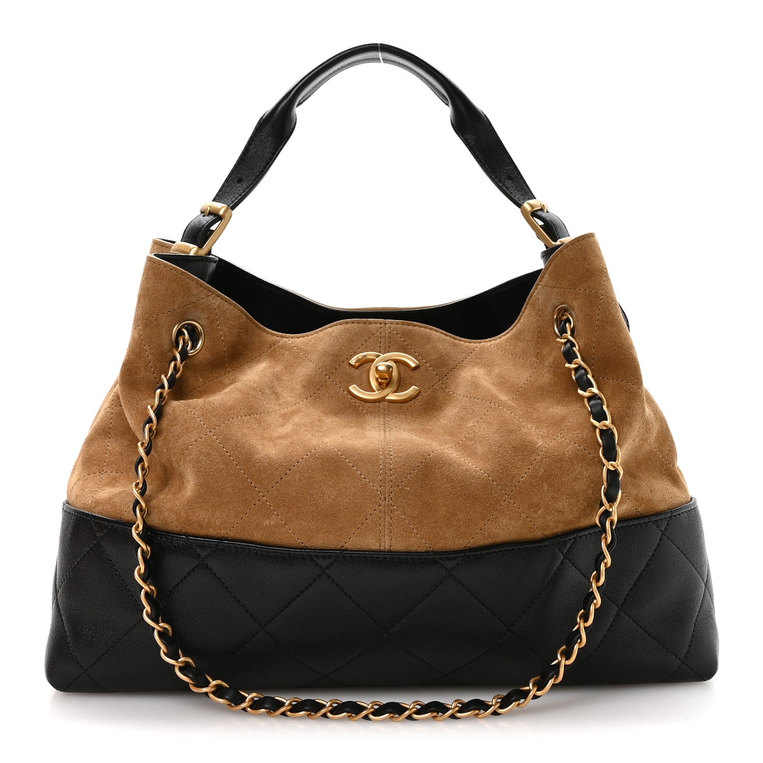 Chanel Suede Calfskin Shiny Lambskin Quilted Small Coco Base Shopping Bag Beige Black 1 of 11
