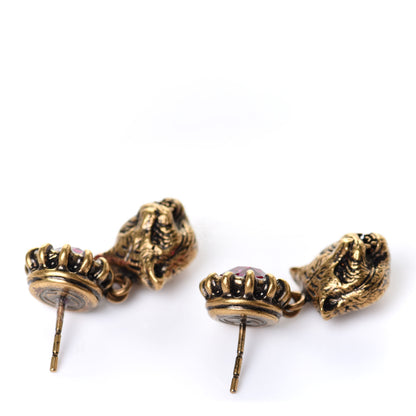 Gucci Metal Crystal Feline Earrings Aged Gold Pink 3 of 4