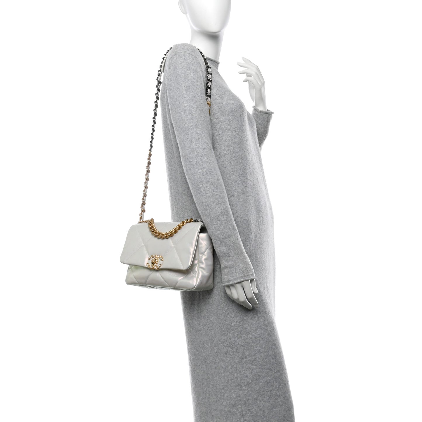 Iridescent Calfskin Quilted Medium Chanel 19 Flap White
