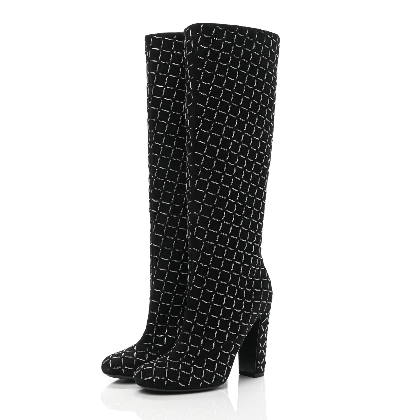 Kid Suede Chain Quilted Knee High Boots 36.5 Black