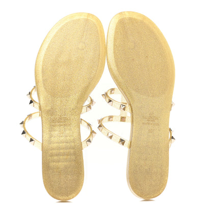 Valentino Garavani PVC Jelly Glitter Rockstud Caged Flat Thong Sandals 39 Oro 5 of 7