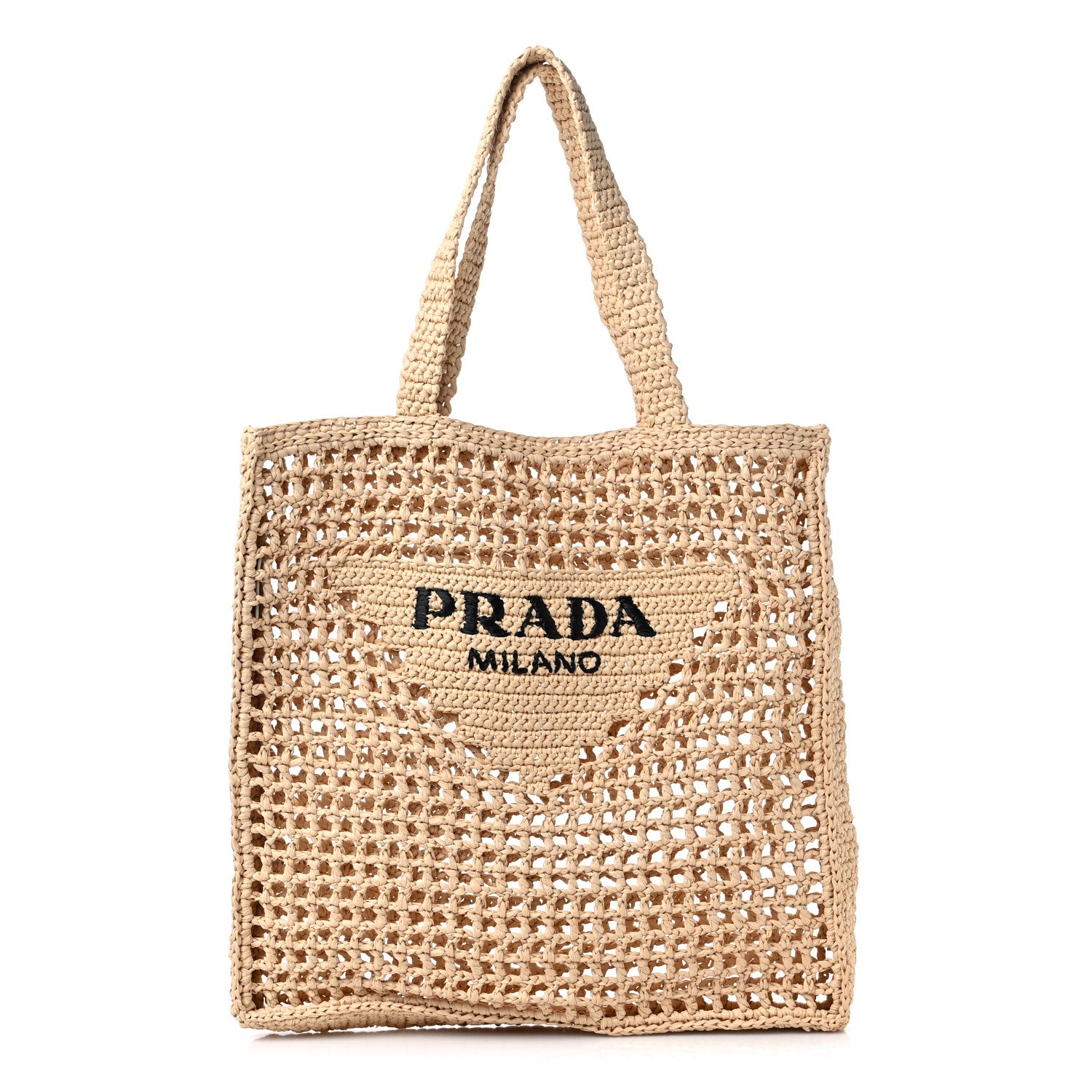 Prada Yarn Raffia Effect Crochet Logo Embroidered Tote Bag Naturale 1 of 8