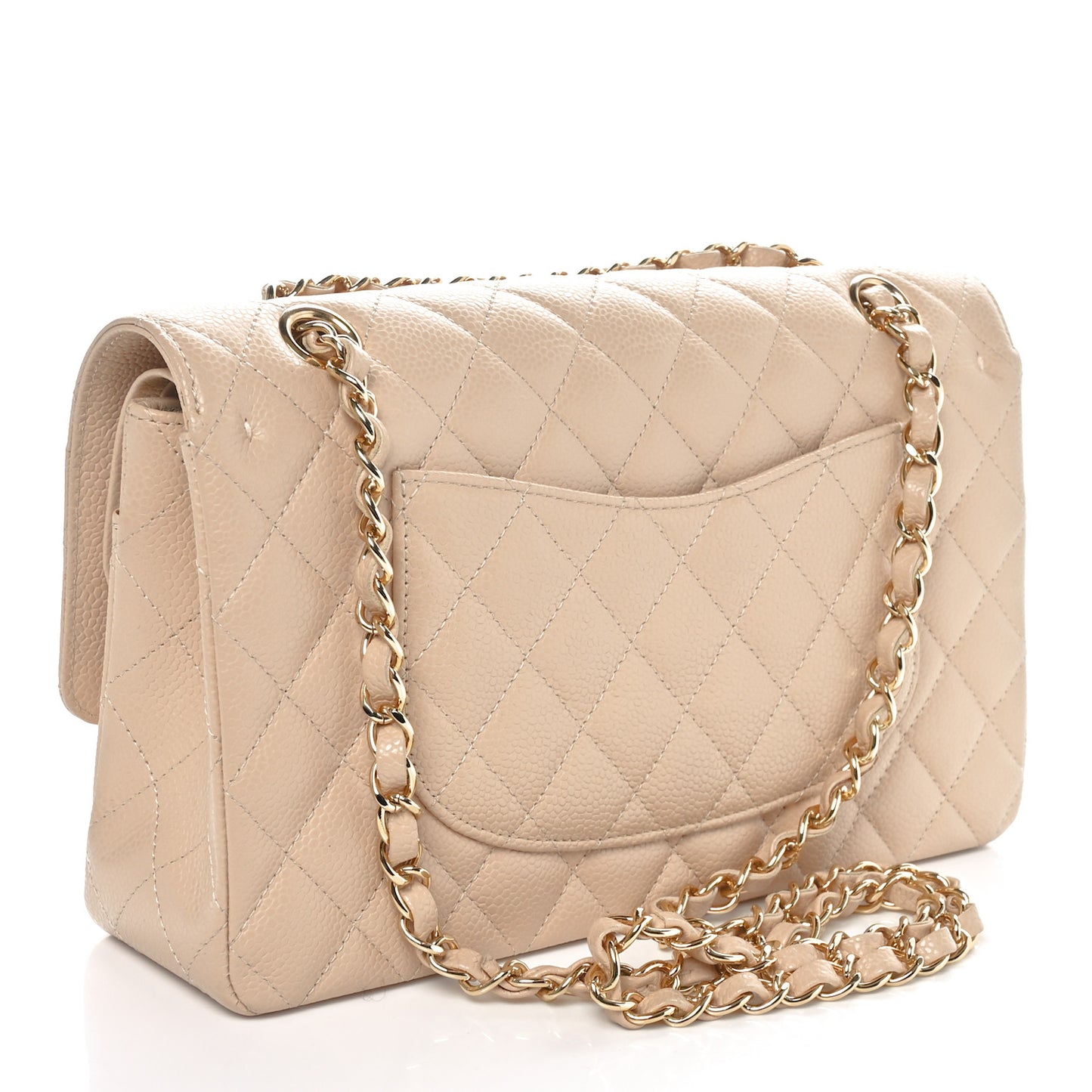 Caviar Quilted Medium Double Flap Beige