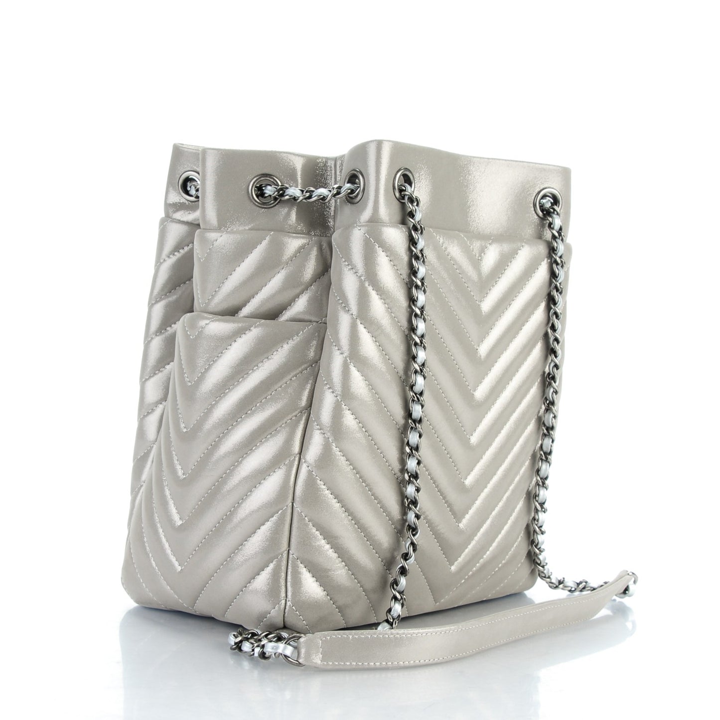 Iridescent Calfskin Chevron Small Urban Spirit Drawstring Bag Silver