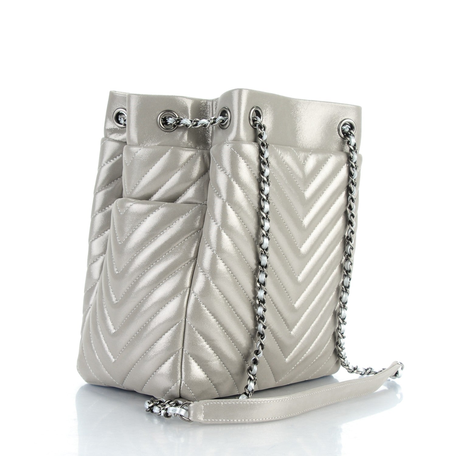 Chanel Iridescent Calfskin Chevron Small Urban Spirit Drawstring Bag Silver 3 of 7