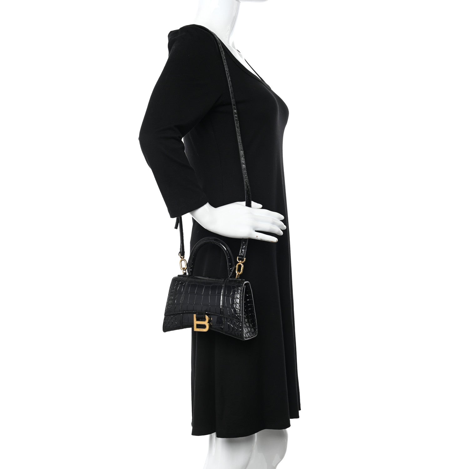 Balenciaga Shiny Calfskin Crocodile Embossed Hourglass Top Handle Bag XS Black 2 of 9