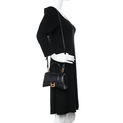 Balenciaga Shiny Calfskin Crocodile Embossed Hourglass Top Handle Bag XS Black 2 of 9