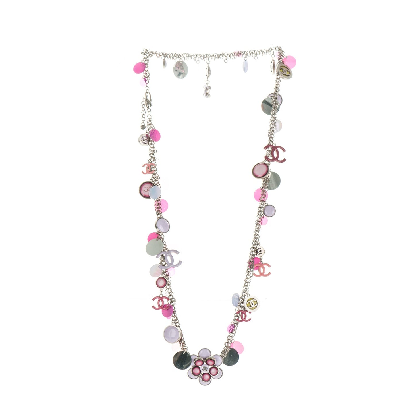 Enamel CC Long Necklace Pink Silver