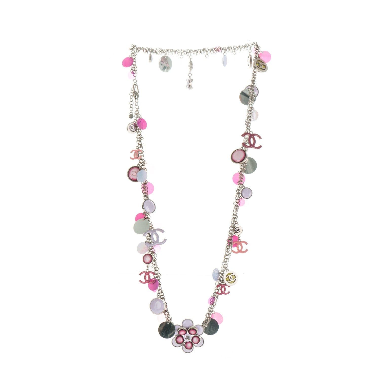 Chanel Enamel CC Long Necklace Pink Silver 3 of 4