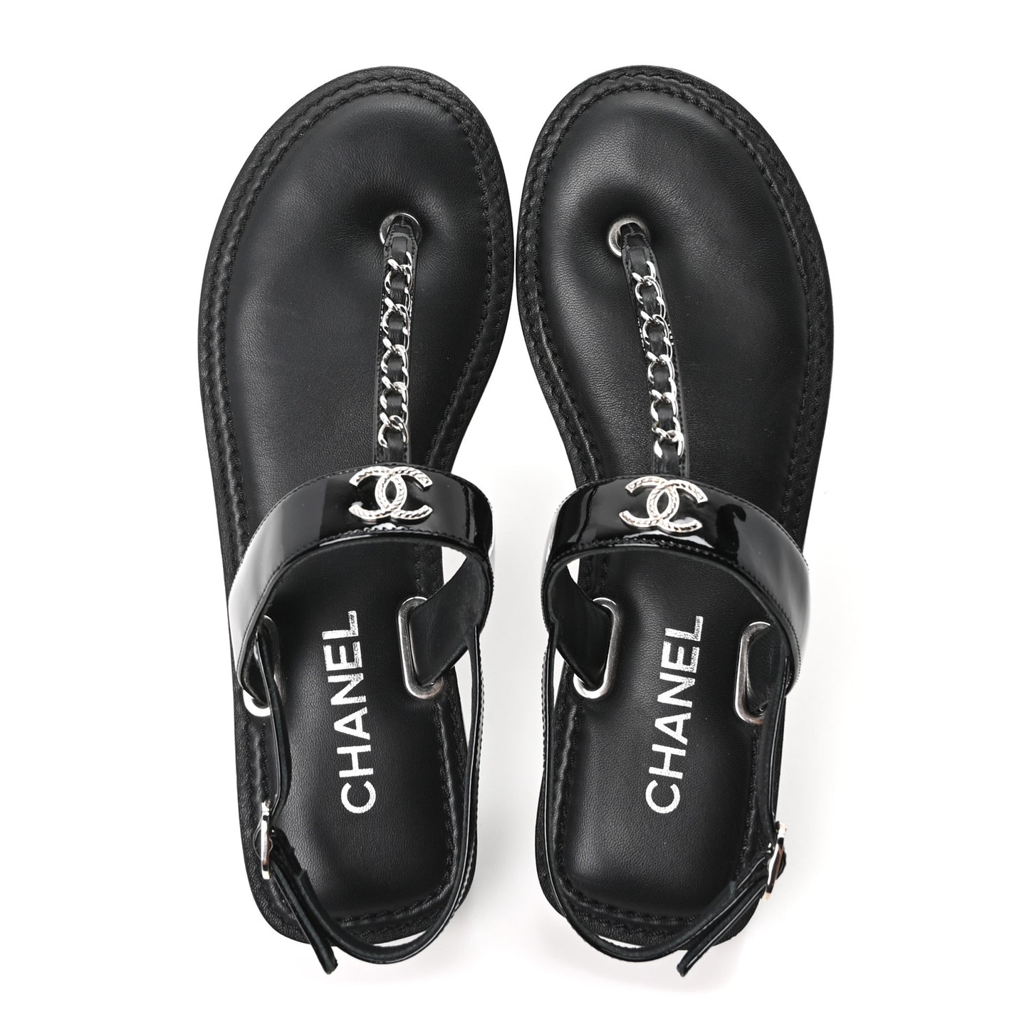 Calfskin Patent Chain CC Logo Thong Flat Sandals 39 Black