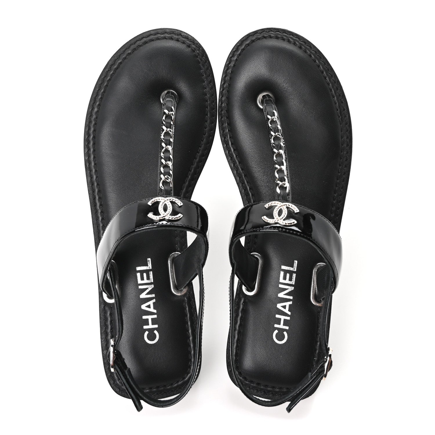Chanel Calfskin Patent Chain CC Logo Thong Flat Sandals 39 Black 3 of 20