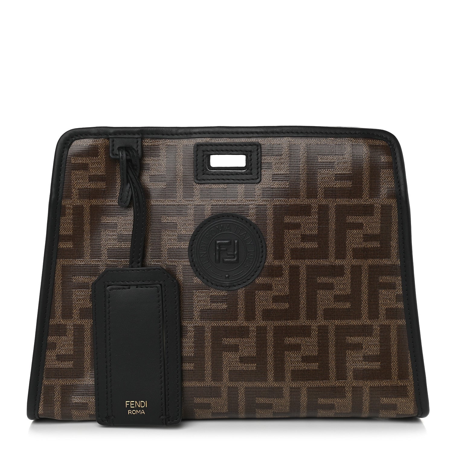 Fendi Glazed Fabric Vitello Century FF 1974 Stamp Patch Mini Peekaboo Defender Cover Mogano Panna Black 1 of 10