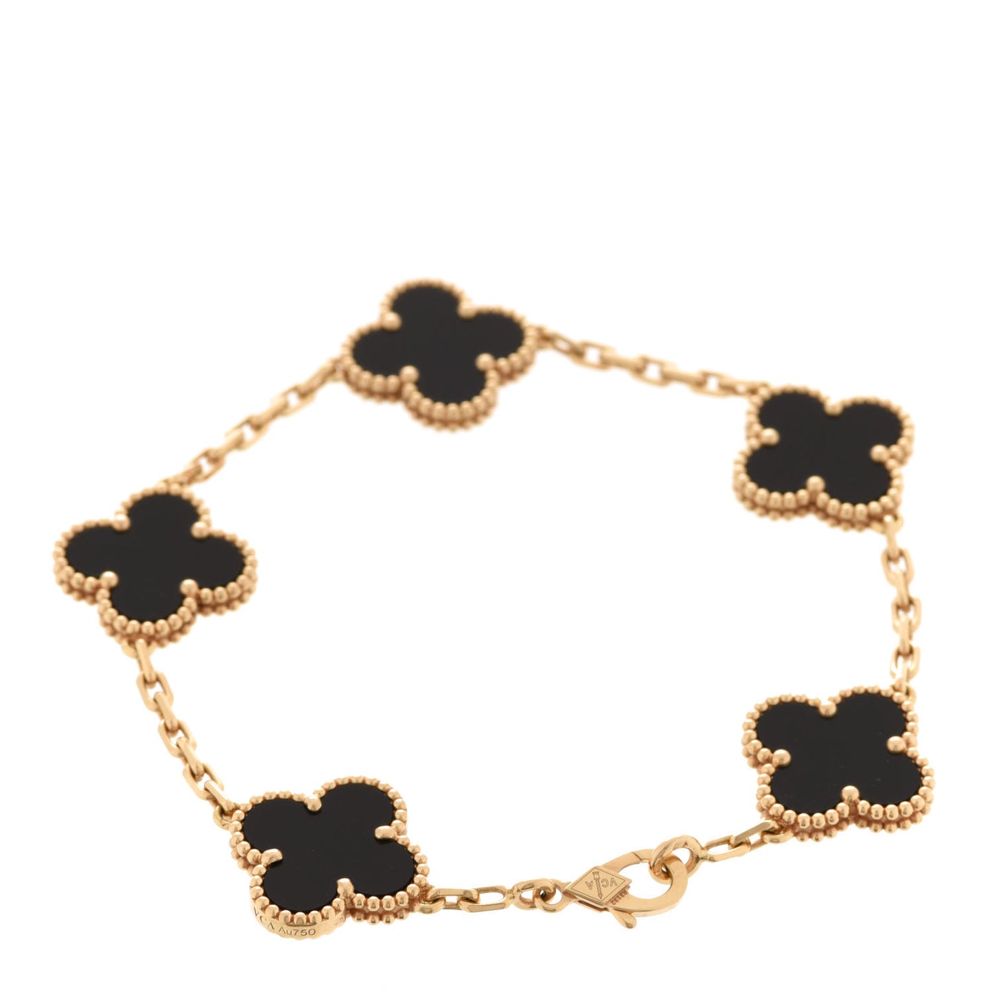 18K Yellow Gold Black Onyx 5 Motifs Vintage Alhambra Bracelet