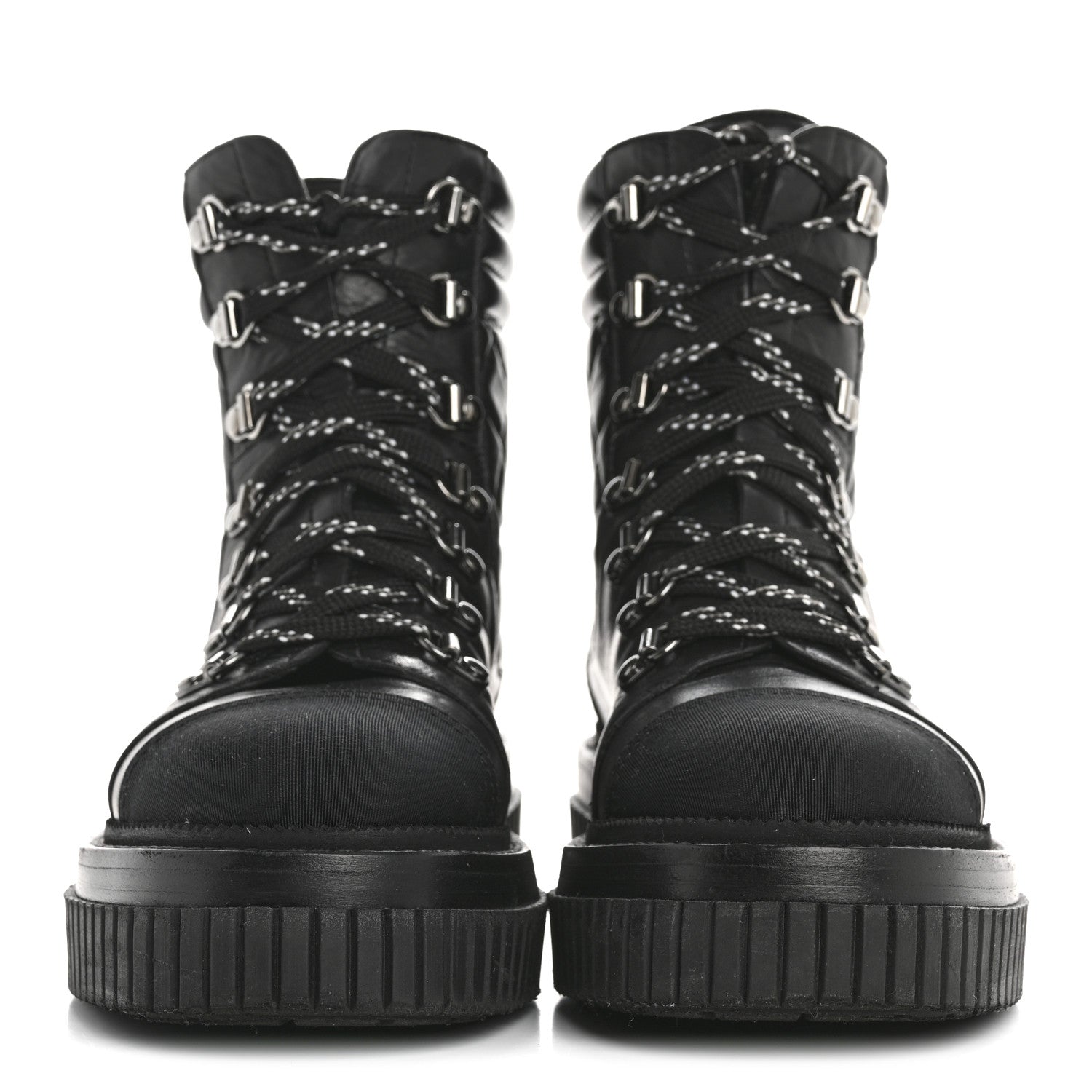 Chanel Calfskin Grosgrain Quilted Lace Up Boots 35.5 Black Grey 3 of 9