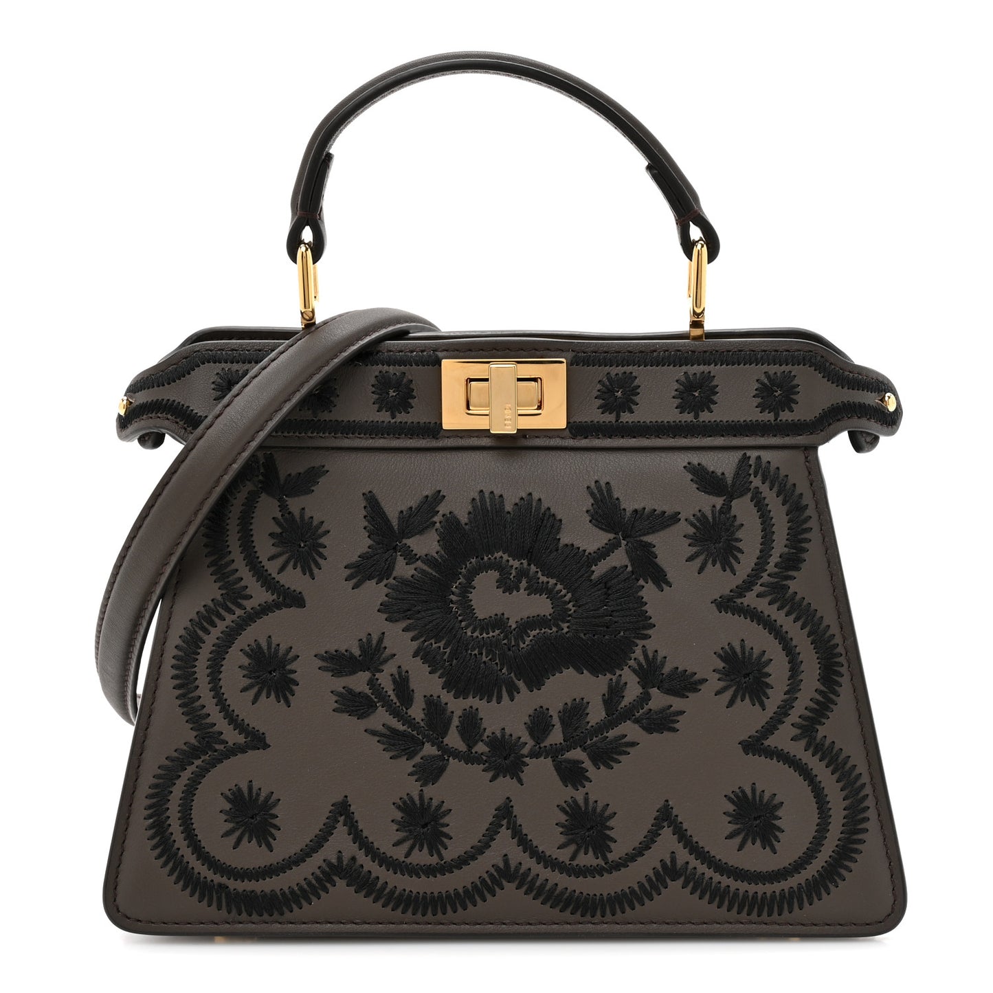 Vitello Seta Shiny Nappa Floral Embroidered Petite Peekaboo I SEE U Satchel Carbone Black