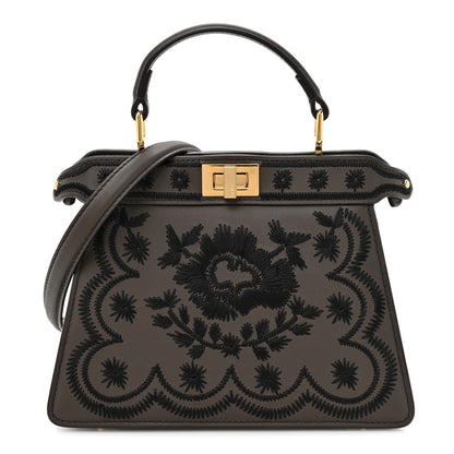 Fendi Vitello Seta Shiny Nappa Floral Embroidered Petite Peekaboo I SEE U Satchel Carbone Black 1 of 14