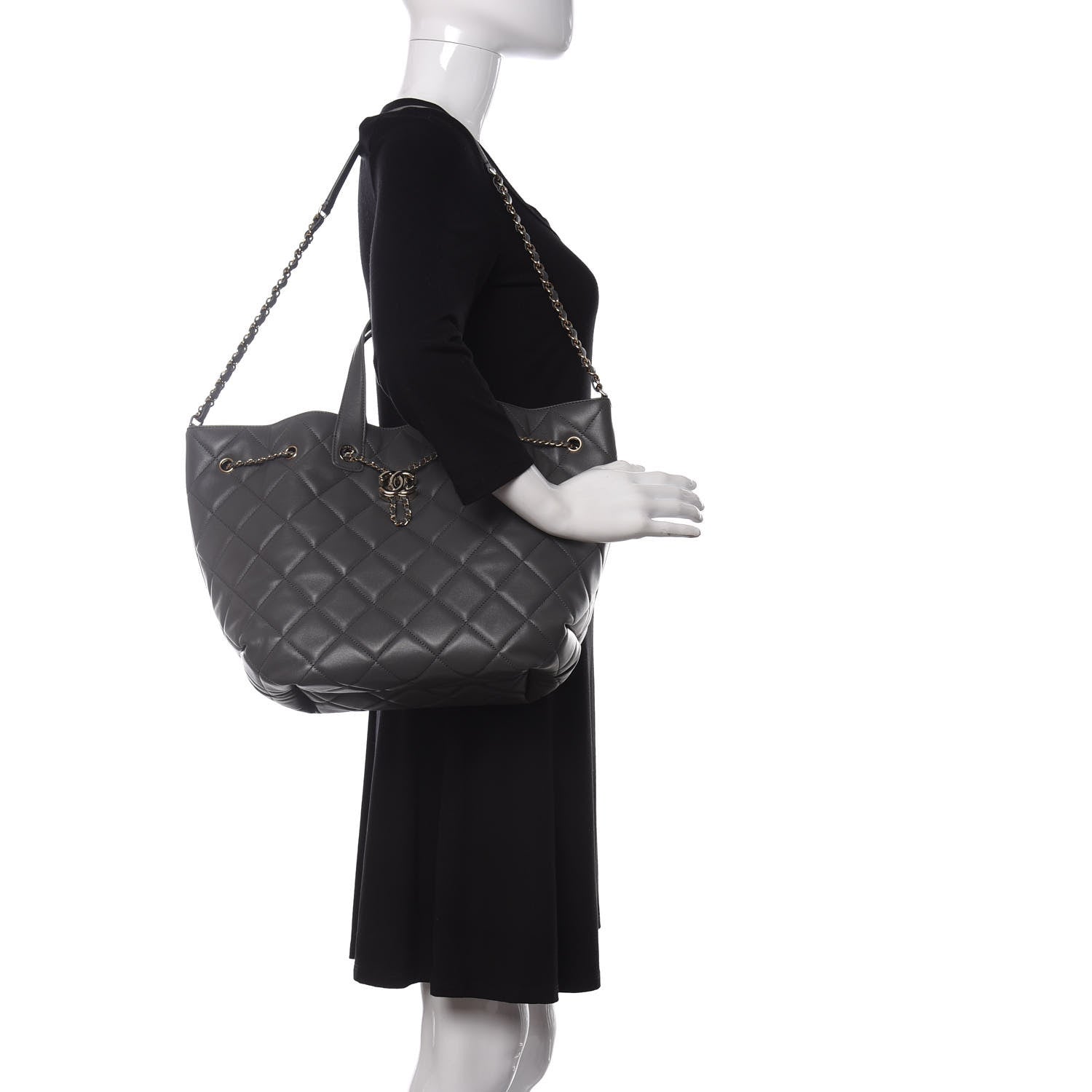 Chanel Lambskin Quilted CC Dweller Drawstring Tote Grey 2 of 9
