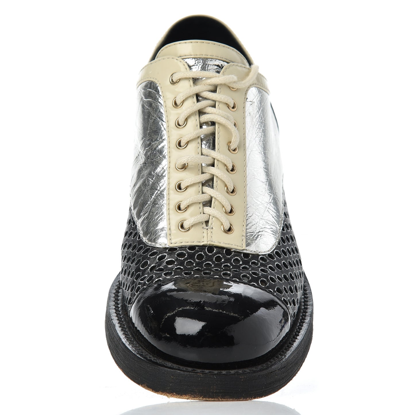 Metallic Crumpled Lambskin CC Lace Up Oxfords 36.5