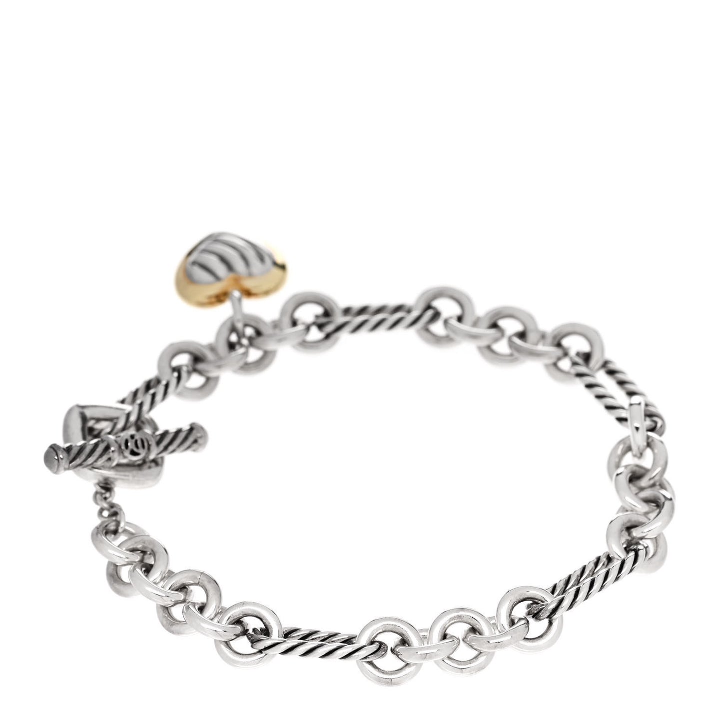 Sterling Silver 18k Yellow Gold Cable Heart Charm Bracelet
