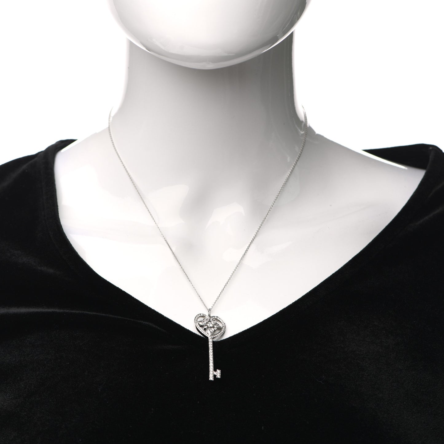 Platinum Diamond Ornate Heart Key Pendant Necklace