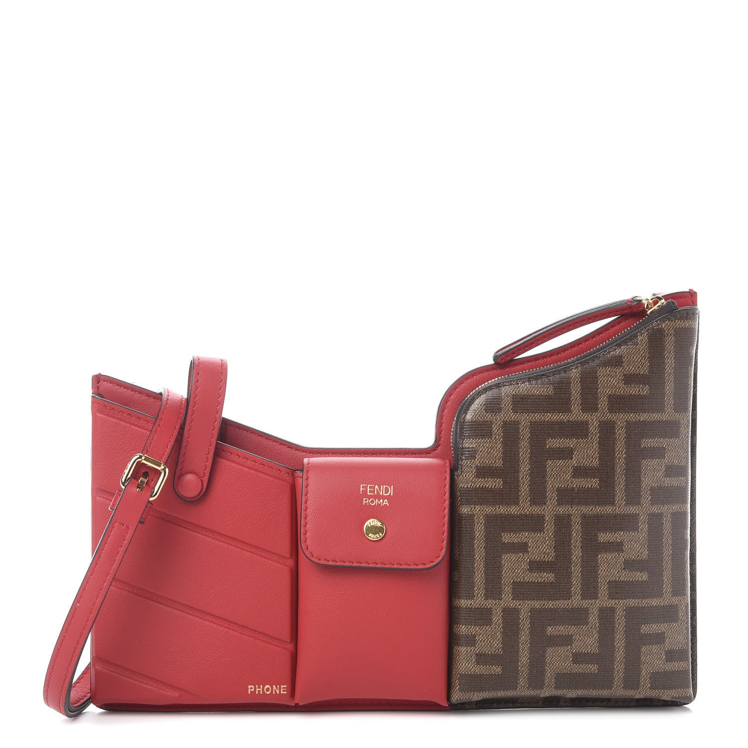 Fendi Vitello Grace Glazed Fabric FF 1974 3 Pocket Mini Crossbody Bag Fragola Mogano Panna 1 of 10