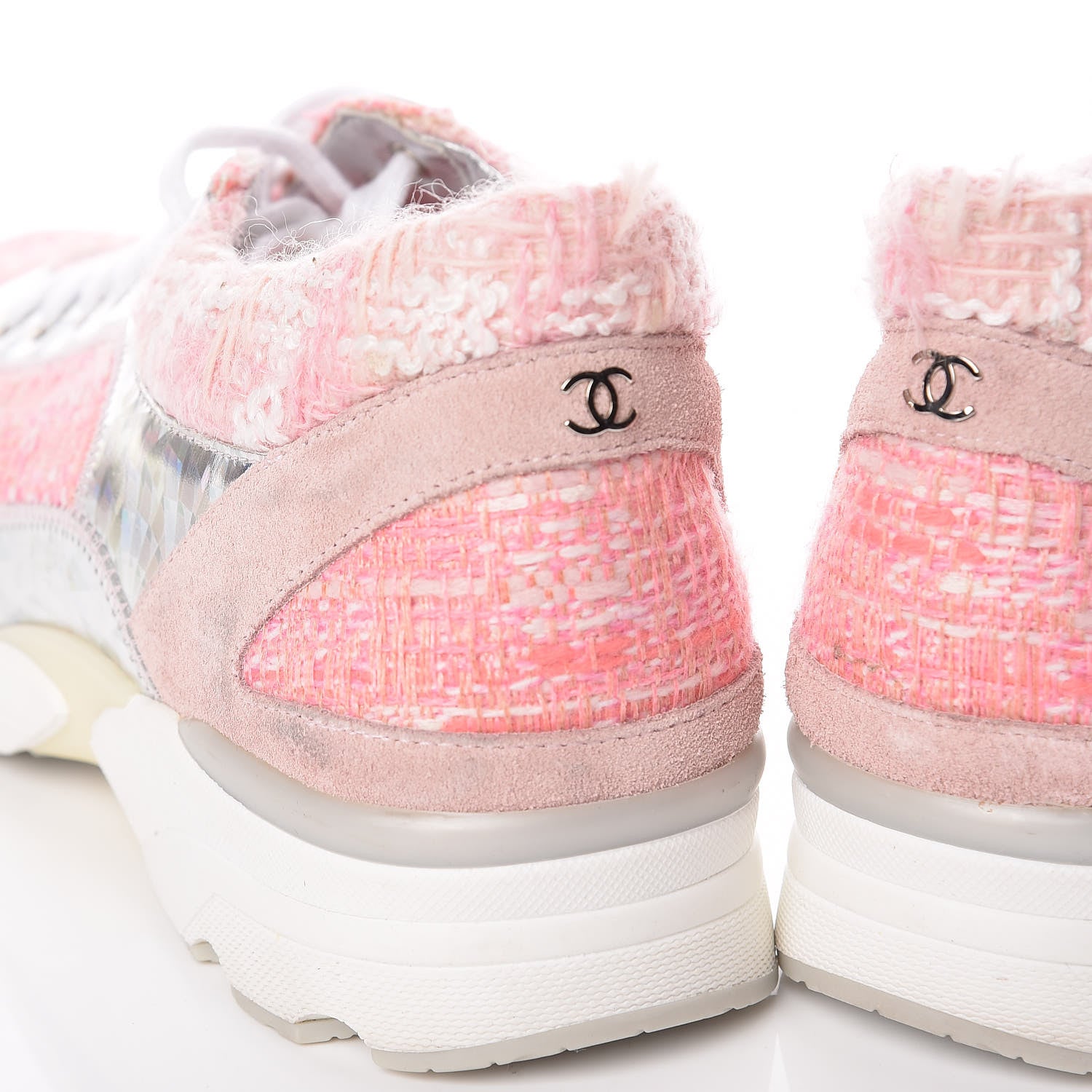 Chanel Tweed Suede Calfskin Sneakers 36 Silver Pink 11 of 12