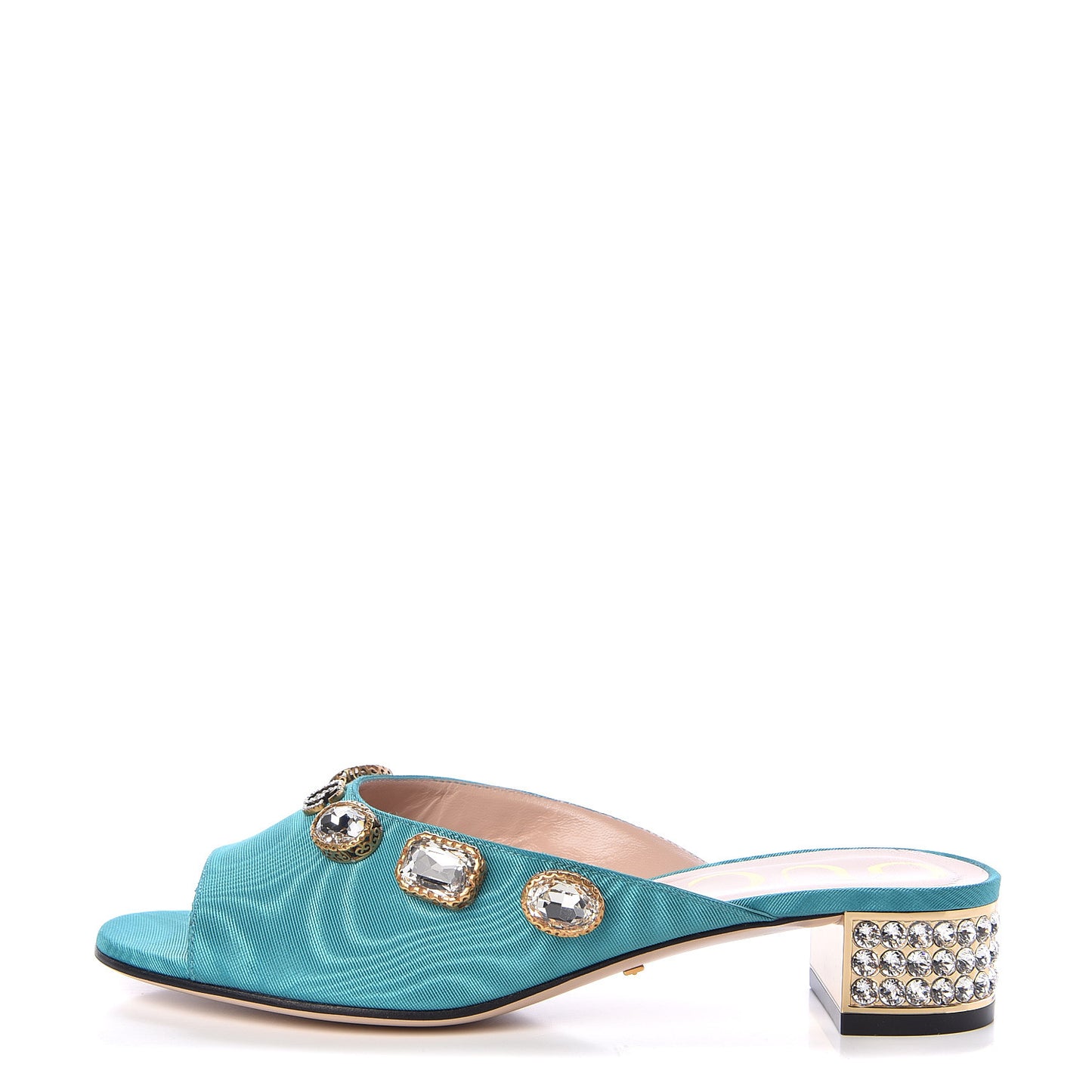 Moire Fabric Crystal Embellished Lyric Slide Sandals 36 TurquoIse