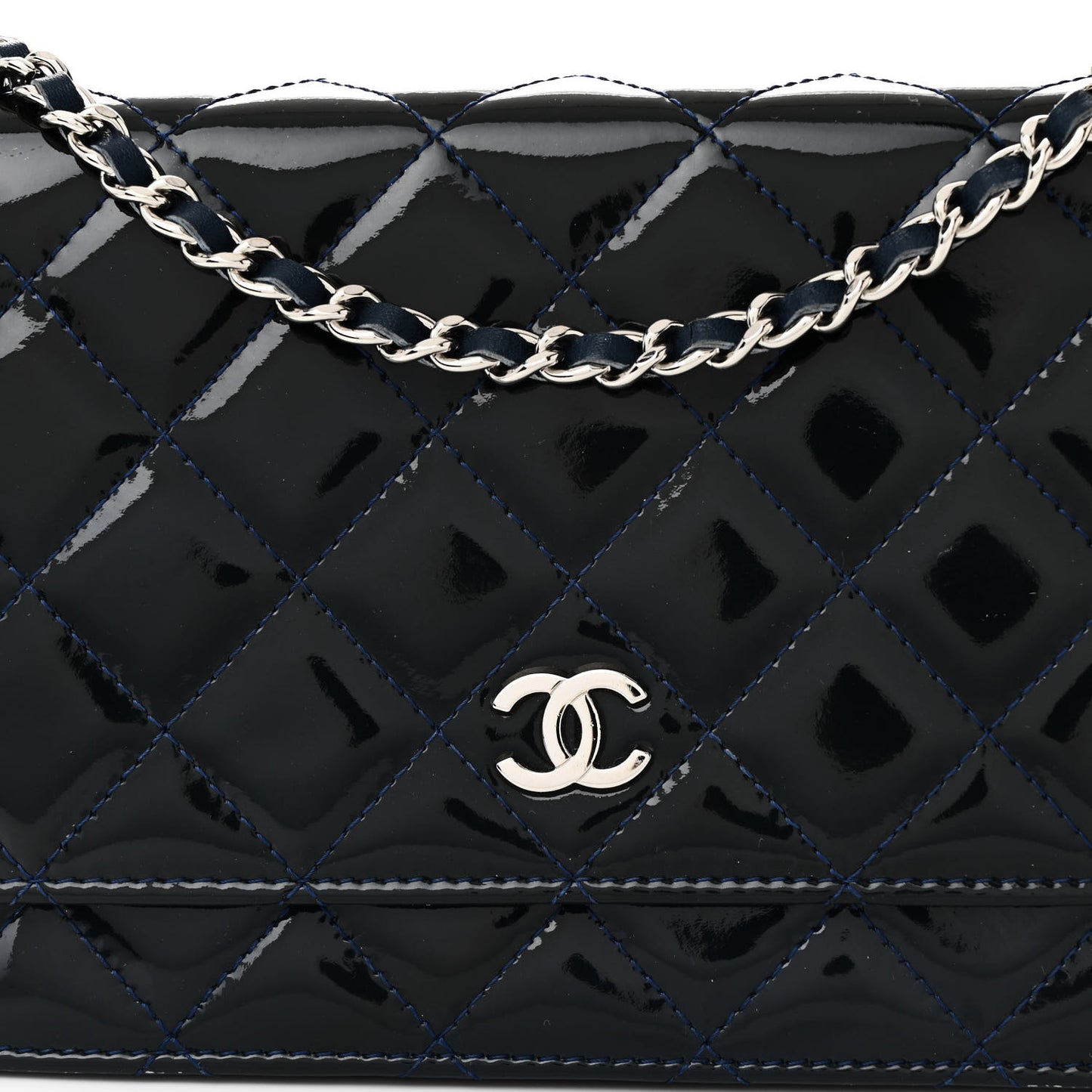 Patent Quilted Wallet On Chain WOC Blue