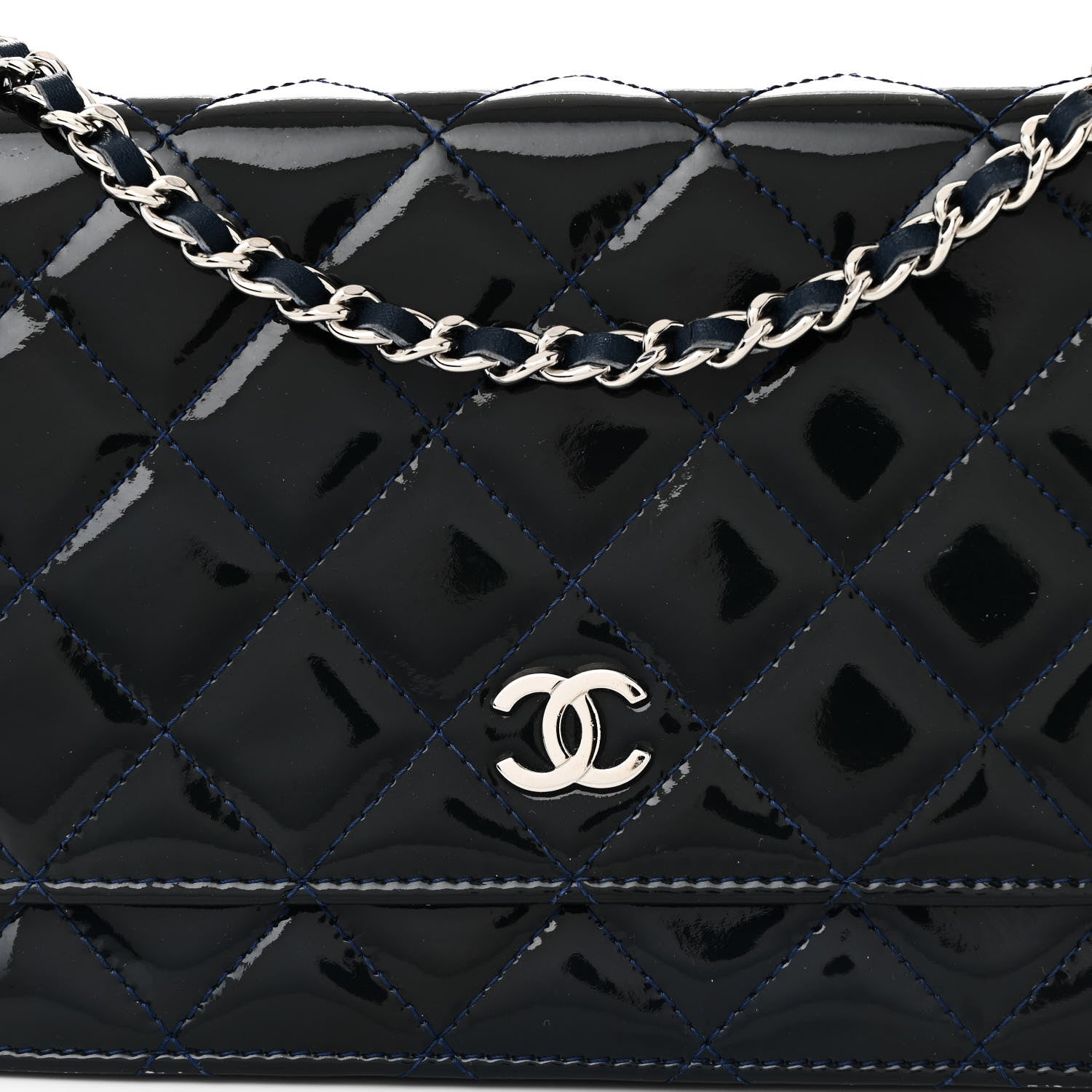 Chanel Patent Quilted Wallet On Chain WOC Blue 9 of 12