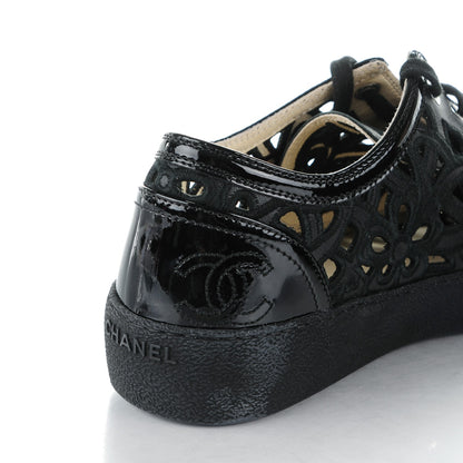 Chanel Patent Grained Goatskin Hollow Out Flower Sneakers 38.5 Black 5 of 9