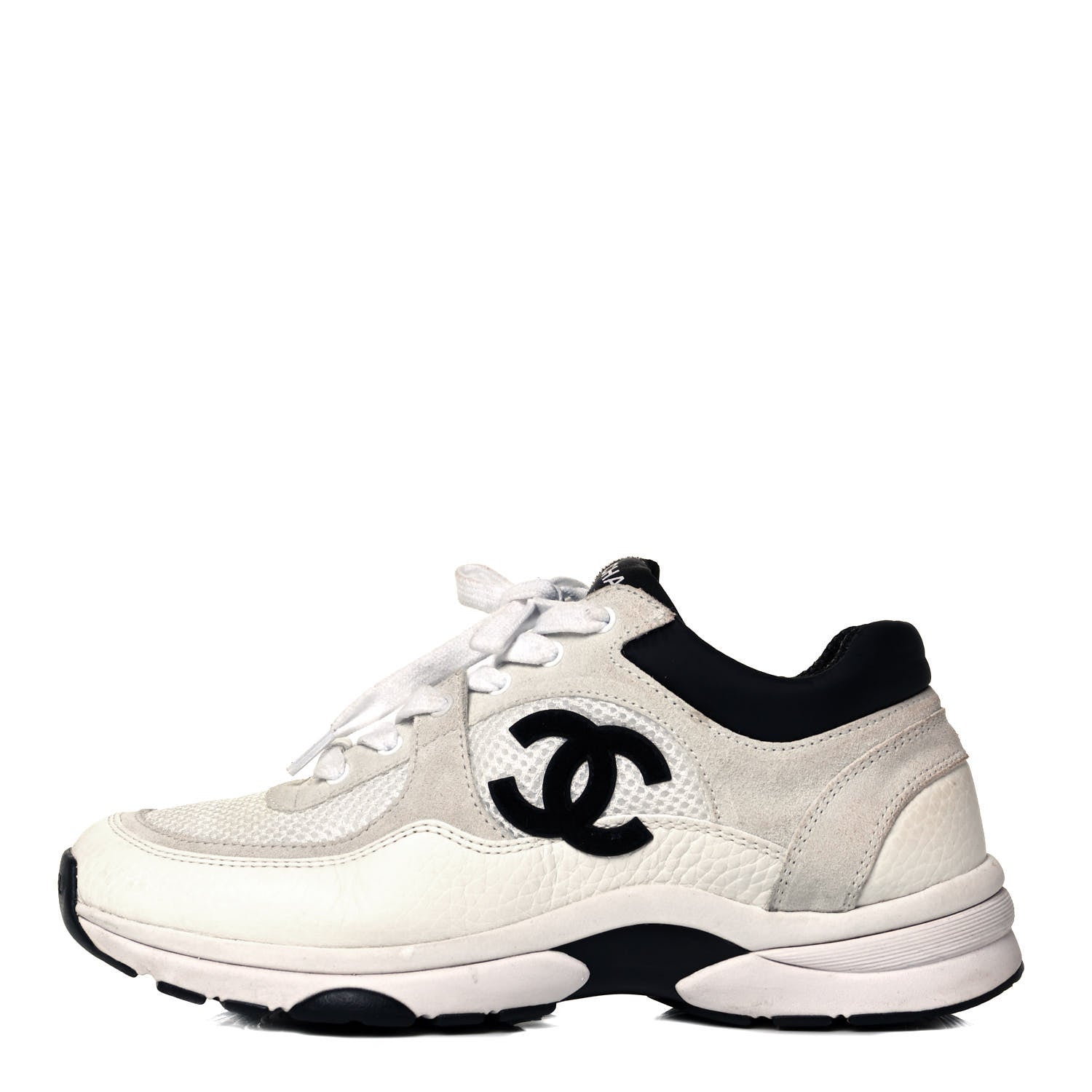 Chanel Mesh Suede Calfskin Grained Calfskin Womens CC Sneakers 36.5 White Black 1 of 7