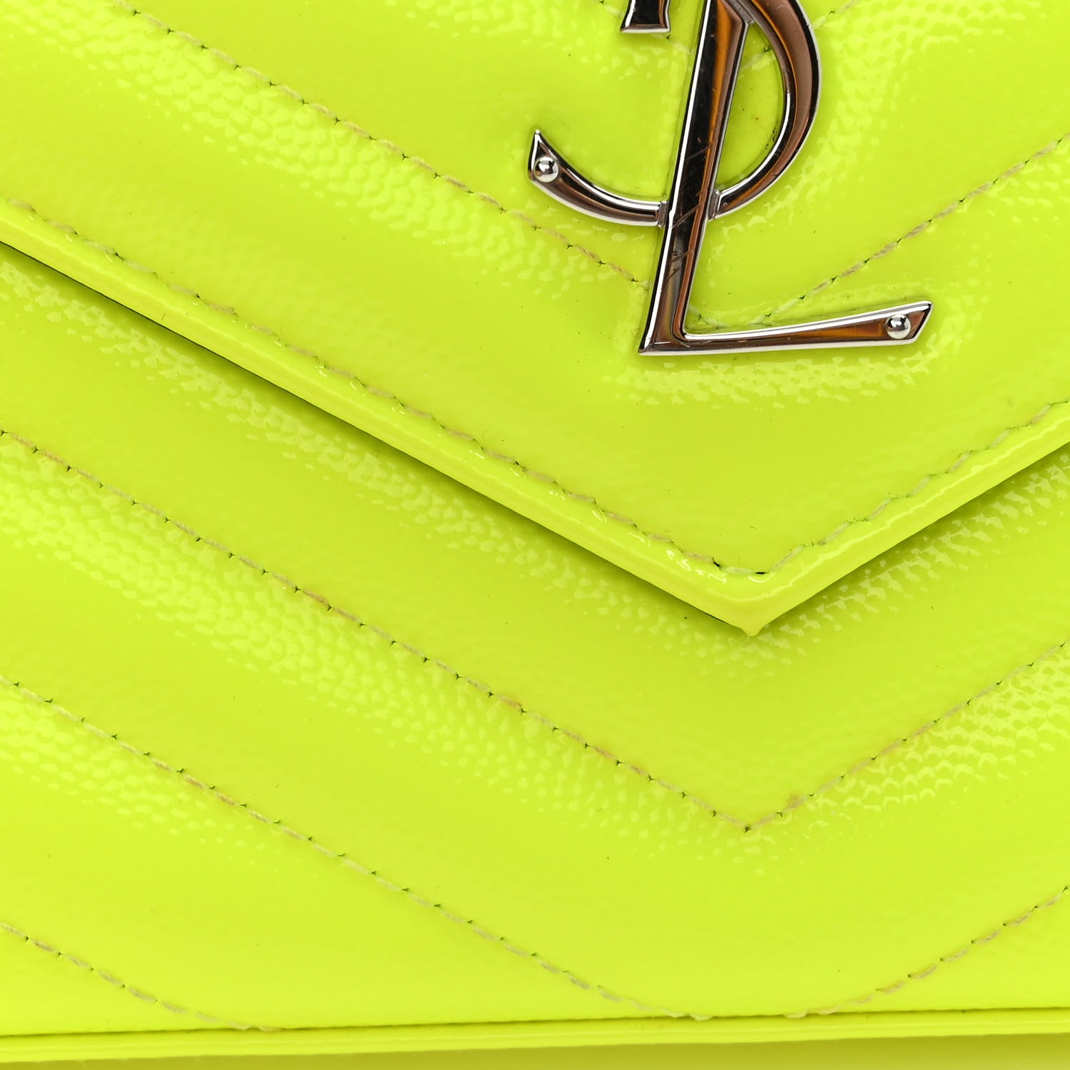 Saint Laurent Patent Grain De Poudre Matelasse Chevron Monogram Chain Wallet Neon Yellow 10 of 10
