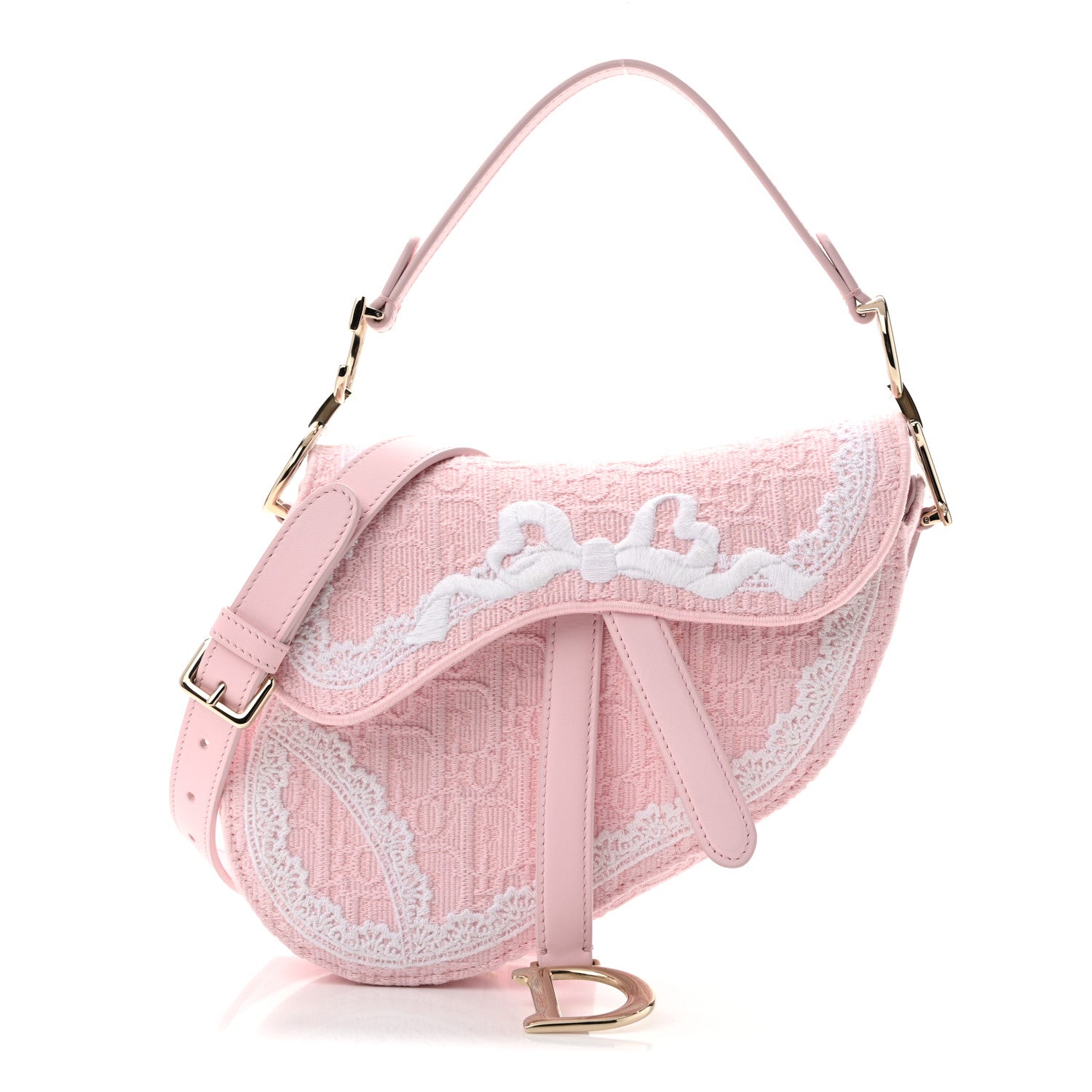 Christian Dior Oblique Embroidered Lace Dioramour Small Saddle Bag With Strap Soupir Pink White 1 of 9